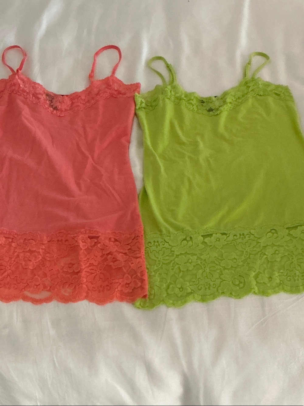 Wet Seal Lace-Trim Camisoles in Coral Pink and Lime Green